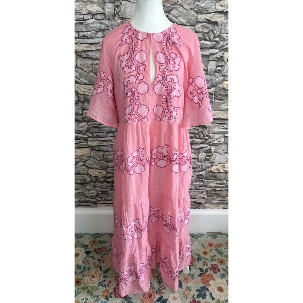 OLIPHANT Flirty V-Neck‎ Maxi Tangier Pink Dress Lined Pockets Cottagecore $398